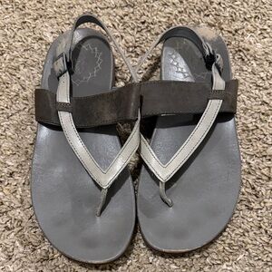 Chaco Gray and Brown Leather Thong Sandals